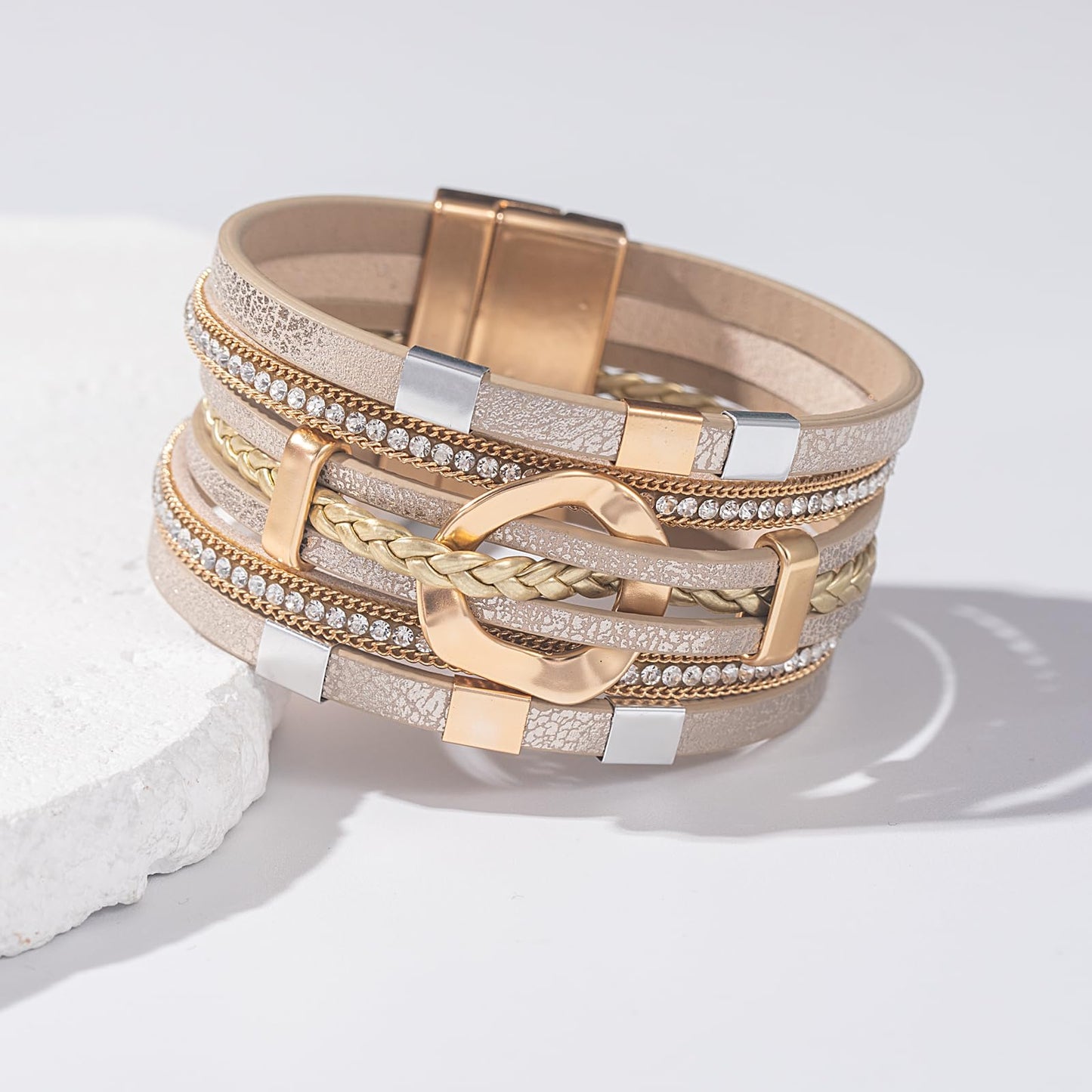 FANCY SHINY Boho Leather Wrap Bracelets Circle Square Bead Braided Handmade Stackable Bracelet Trendy Cuff Bangle for Women(Cream)