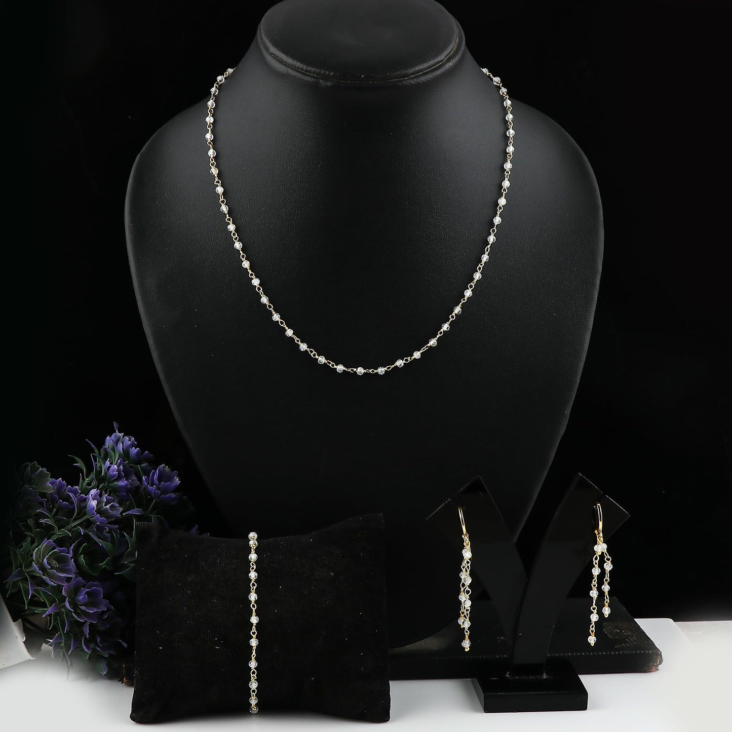 CRYSTALINES (3pcs) Natural White Topaz Gemstone Cluster Jewelry Combo Set, 14K Gold Plated, Crystals Beads Rosary Chain, Handmade Bohemian Jewelry - Bracelets, Necklace, Earrings for Women
