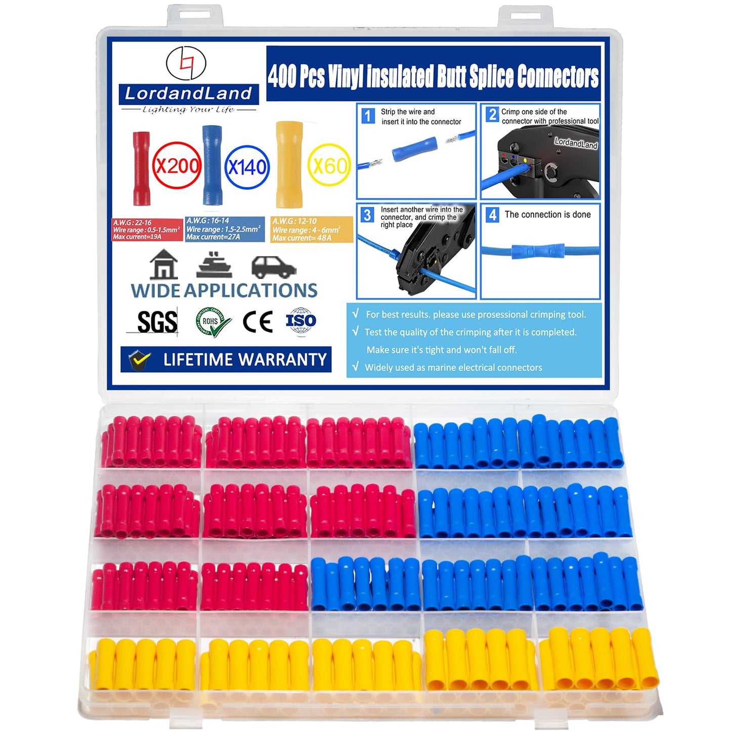 400 Pcs Butt Splice Connectors Kit 22-10 AWG Electrical Crimp Terminal Connector Kits Assorted Butt Splice Crimp Connectors Wiring Straight Crimps Terminals for 22,20,18,16,14,12,10 Gauge Wires