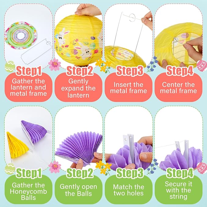 Retisee 18 Pcs Easter Party Decoration Easter Honeycomb Decorations Hanging Pastel Paper Lanterns Bunny Paper Fans for Ceiling Tree Spring Party Classroom Decoration