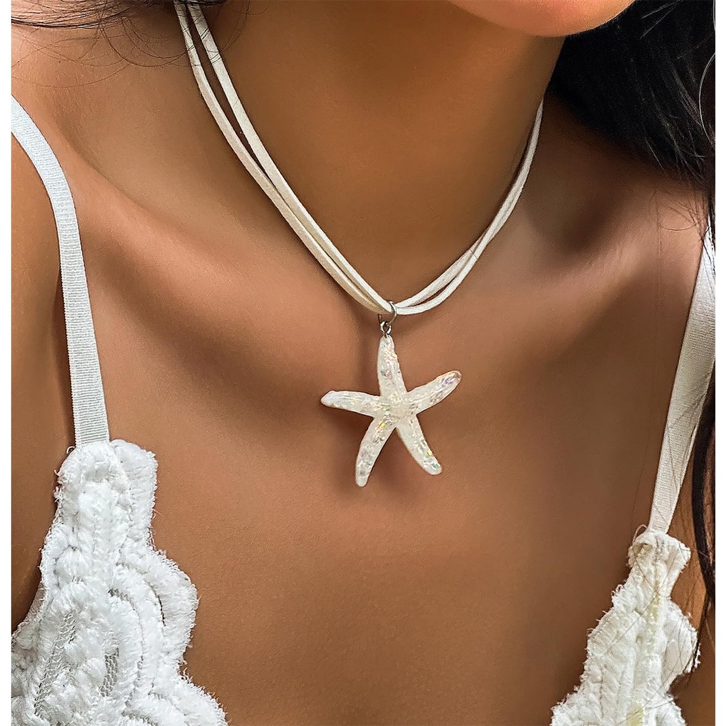 Decixde Starfish Necklace for Women Beach Pendant Necklace White Blue Silver Gold Starfish Necklace Boho Choker Necklace Summer Beach Jewelry for Women (white)