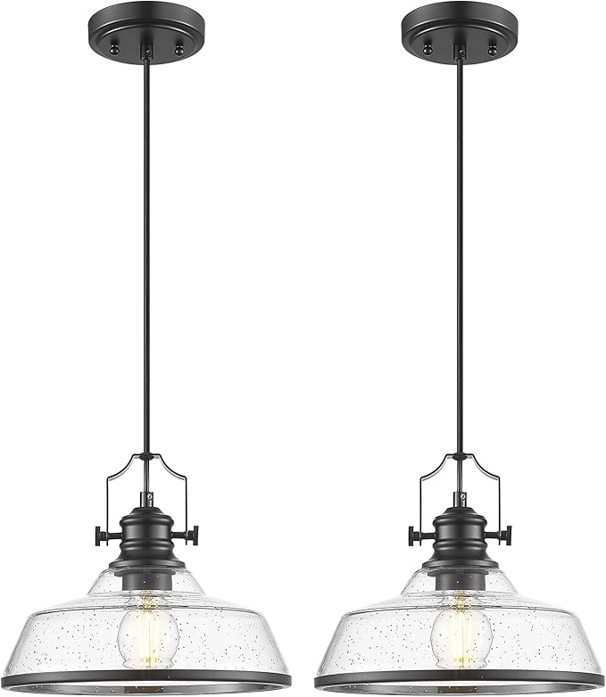 kudos 2 Pack Pendant Lights Kitchen Island, 11" Black Kitchen Island Lighting with Seeded Glass Shade, Farmhouse Large Hanging Light Fixture for Kitchen Sink Dining Room, KDPL13-BK-S-2PK