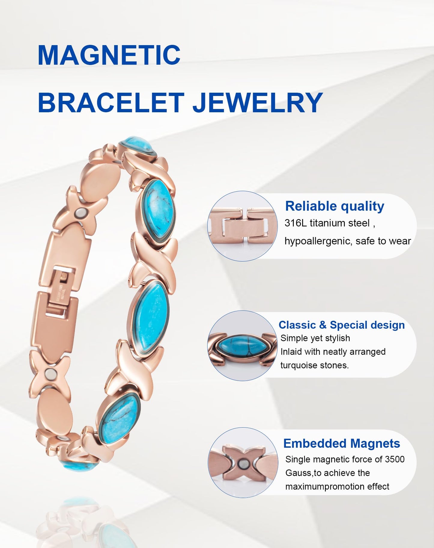MagSølv Magnetic Bracelets for Women, Stainless Steel Magnet Bracelet with Inlaid with 3500 Gauss Magnets and Turquoise, Adjustable