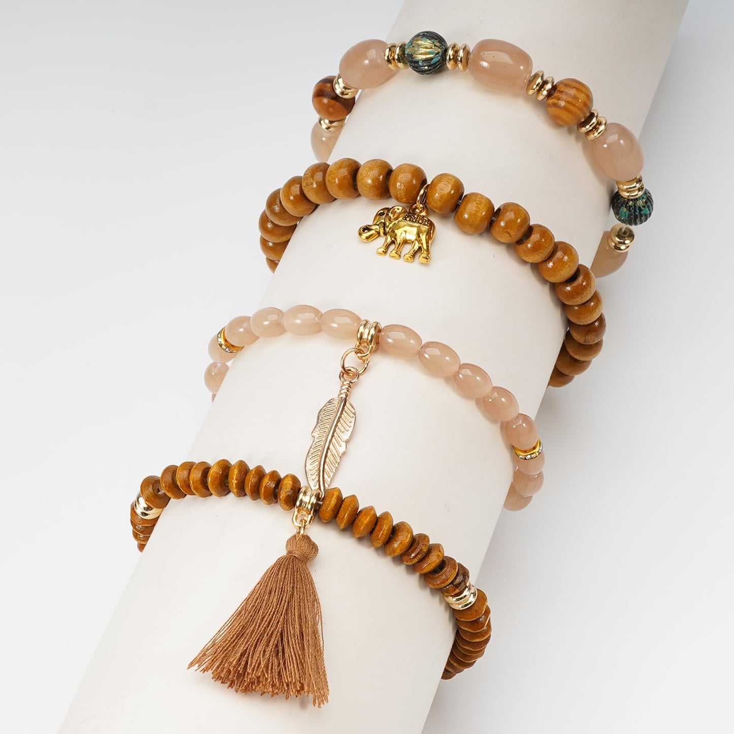 Briutn Bohemian Stackable Bracelets Boho Wood Beaded Tassel Charm Bracelet for Women Jewelry