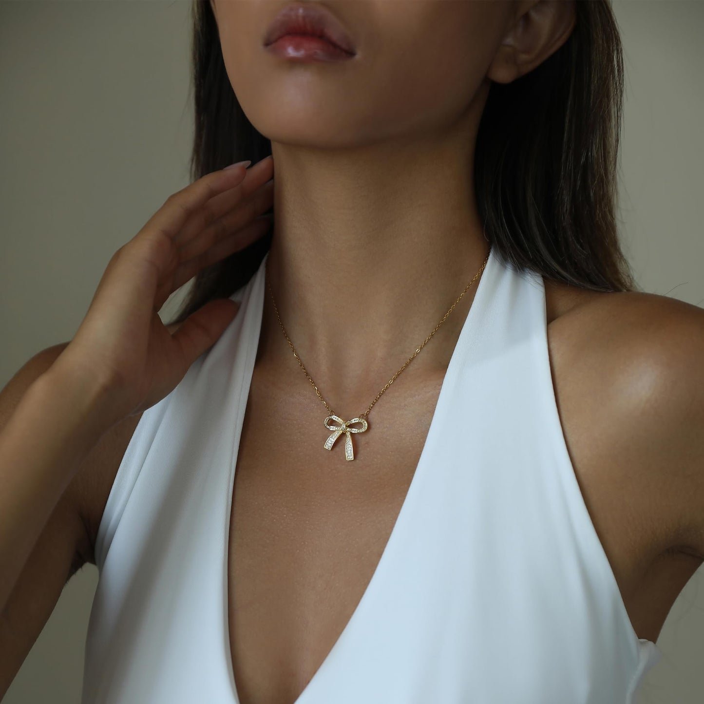 ZKJTEARY Bow necklace for Women Trendy Dainty 18k Gold Plated Cubic zirconia Charm Pendent Necklace Minimalist Delicate Bow Jewelry for Women Valentine Christmas Gift (bow)