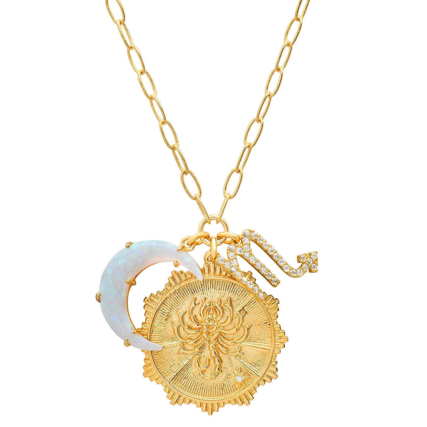 Lanadale Dainty Gold Scorpio Zodiac Coin Opal Crescent Moon Charm Necklace for Women Trendy 18K Gold Plated Retro Paperclip Chain 12 Constellation Horoscope Necklaces Astrology Jewelry Gifts
