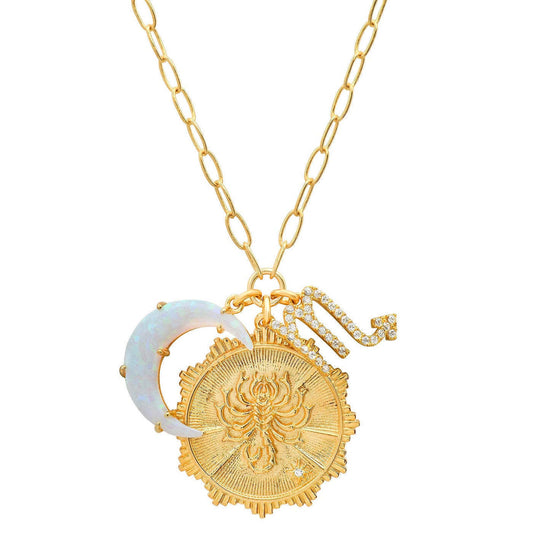 Lanadale Dainty Gold Scorpio Zodiac Coin Opal Crescent Moon Charm Necklace for Women Trendy 18K Gold Plated Retro Paperclip Chain 12 Constellation Horoscope Necklaces Astrology Jewelry Gifts
