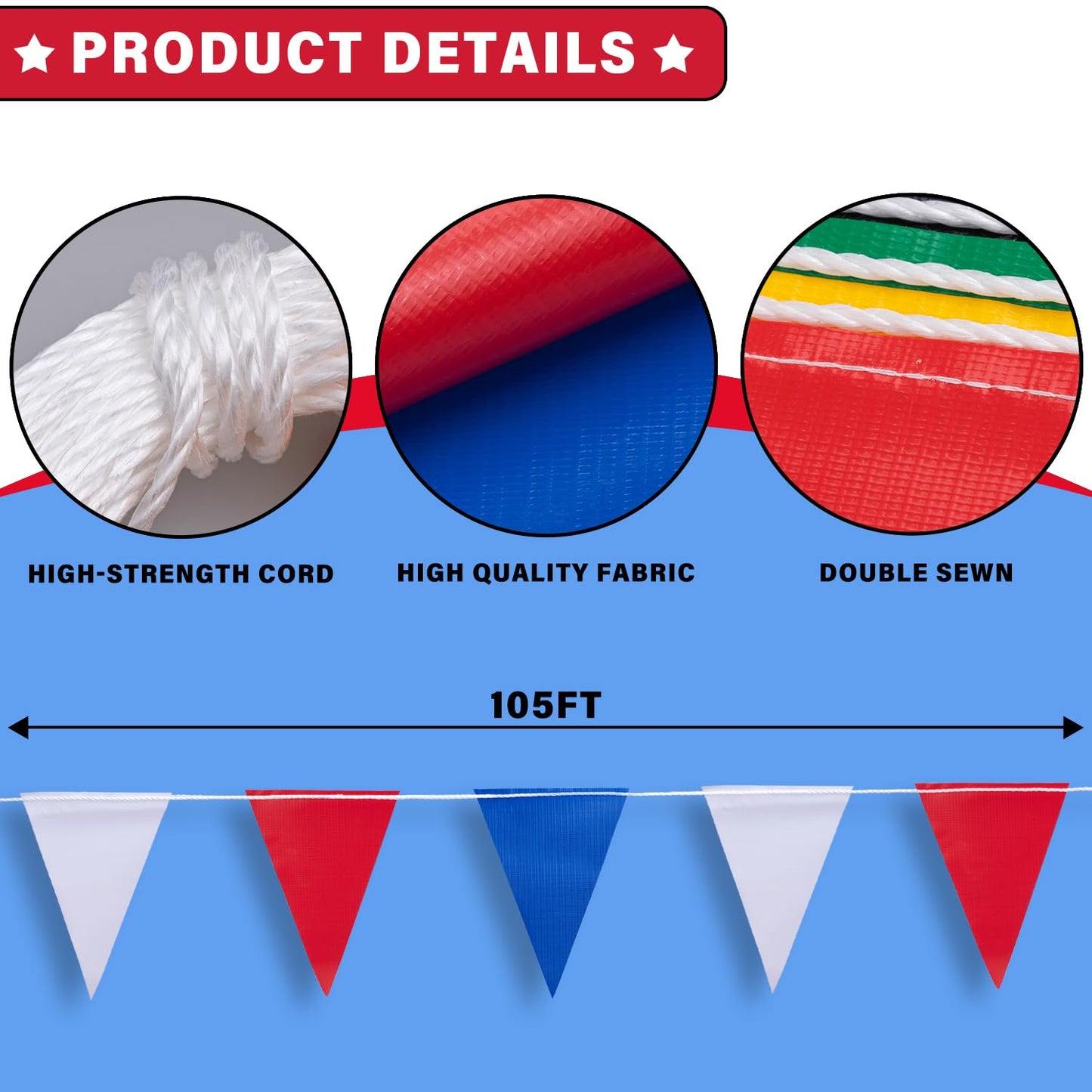 105ft Pennant Banner Flags, 7x10 Red Blue and White 45 Pcs High Visibility Safety Flagging on String, Triangle Pool Flag for Backstroke, Construction Events Party Decoration Parking Marking Outside