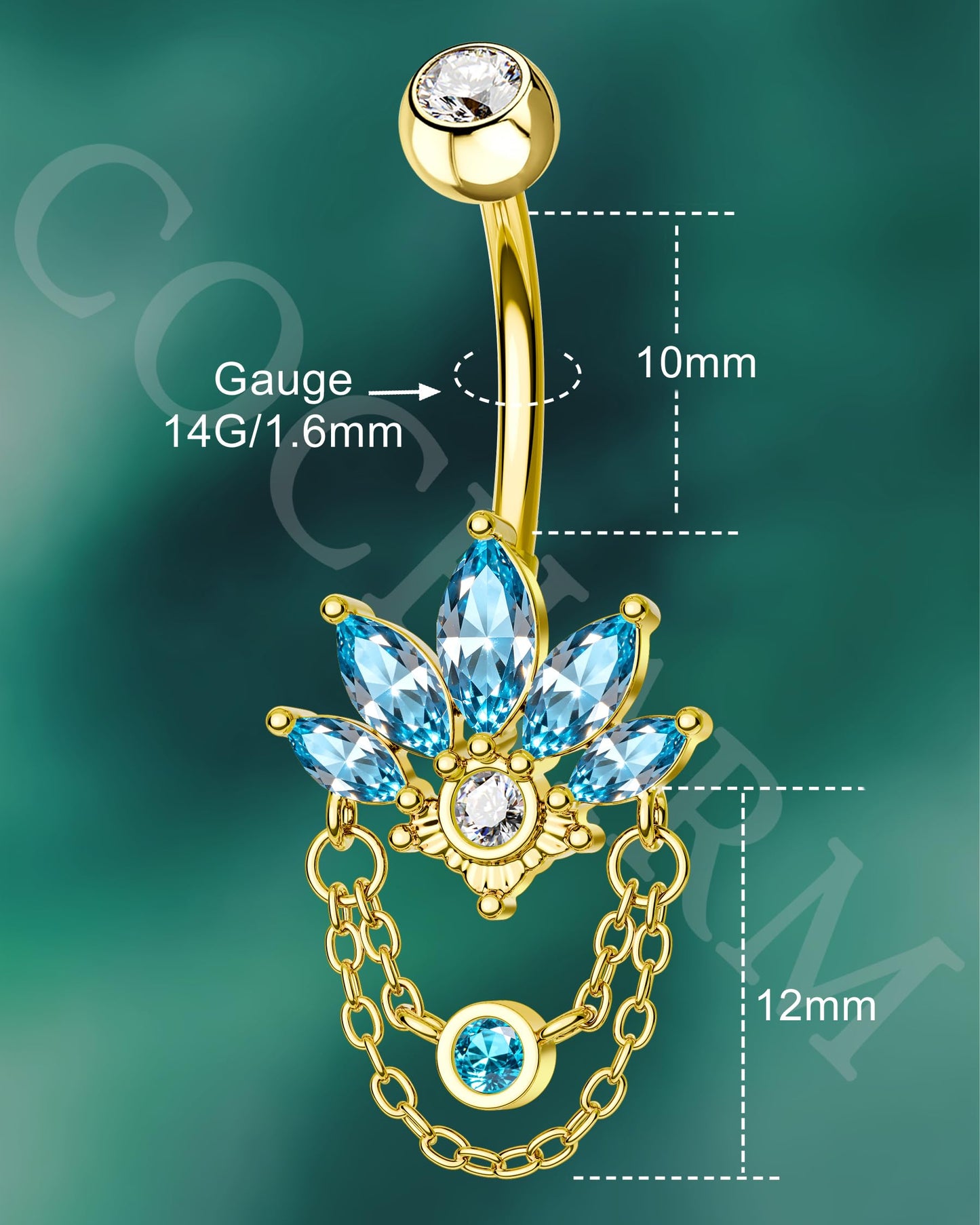 COCHARM Blue Lotus Belly Button Rings, 14G 5A CZ Navel Rings for Women, Dangle Belly Navel Piercing Jewelry Stainless Steel