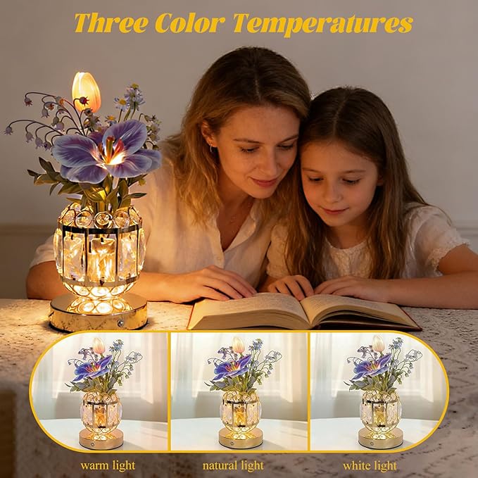Flower Crystal Table Lamp, 3-Color Dimmable Small Night Light, Rechargeable Cordless Touch Lamp, Artificial Flowers Light for Bedroom Home Decor, Great Gifts for Mom Women Friends (Purple)