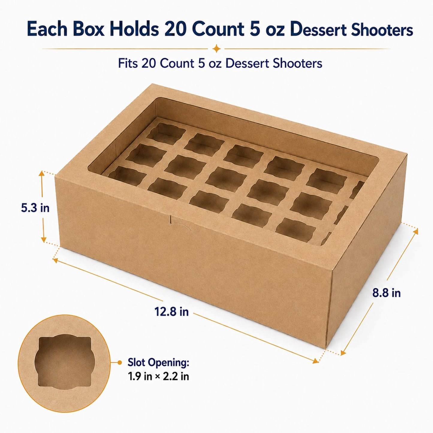 JRWTY Dessert Shooter Boxes 5 Pack, Each Box Holds 20 Count 5 oz Dessert Shooter Cups, Food-Grade Dessert Cup Holder Boxes with Inserts, Dessert Shooter Box Packaging for Parties, Catering (Brown)