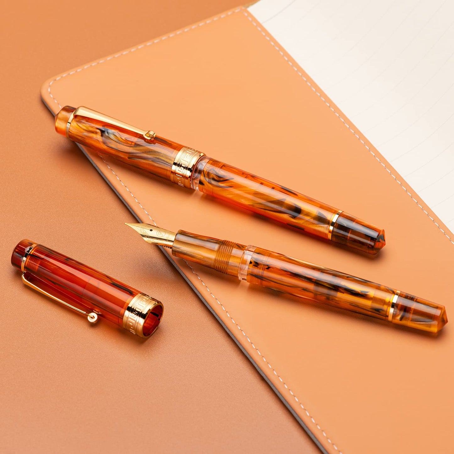 Asvine P20 Piston Fountain Pen Amber Resin, Iridium Extra Fine Nib Gold Trim Smooth Writer Collection with Case Set