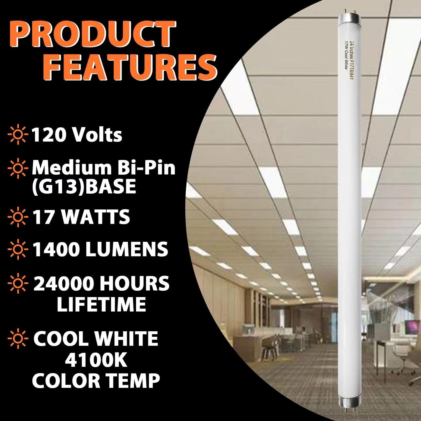 Konideke 8 Pack 24 inch F17T8/841 17 Watts Light Bulb, 2 Foot Straight Fluorescent Tube T8 Tube Light, 4100K Cool White 1400 Lumen G13 Medium Bi-Pin Cap 8 Count