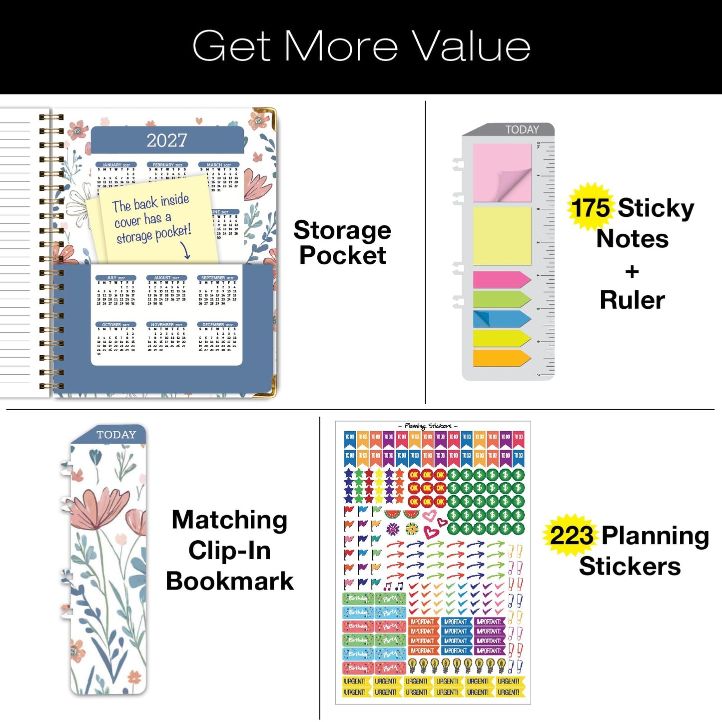 HARDCOVER Academic Year 2026-2027 Planner: 14 Months (May 2026 Through June 2027) 8.5"x 11" Daily Weekly Monthly Planner Yearly Agenda. Bookmark, Pocket Folder and Sticky Note Set (Colorful Botanicals)