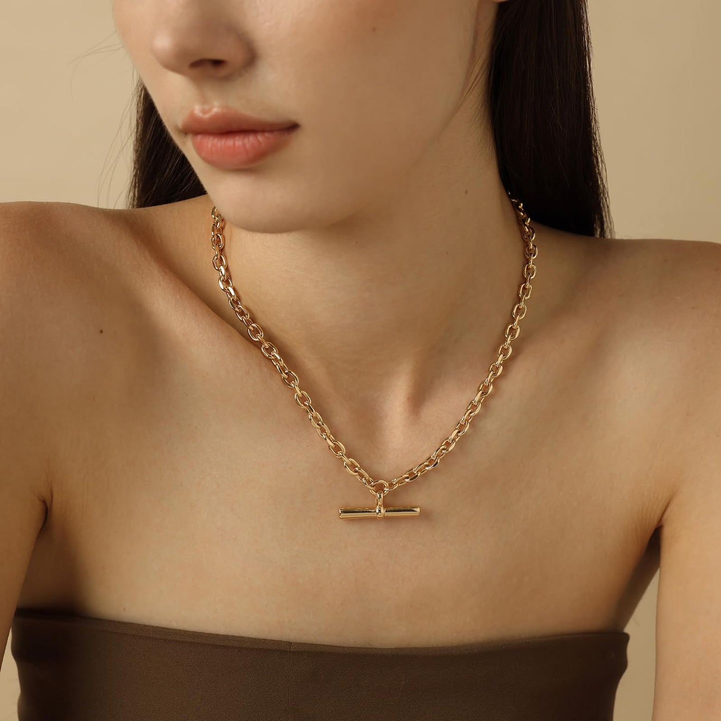 COBI T Bar Necklace for Women, Circle Pendant Necklaces Rhodium Plated &18K Gold Finished Four Leaf Clover | Link Chain Necklace with T-Bar Charm, Adjustable 17"+2" Jewelry Gift