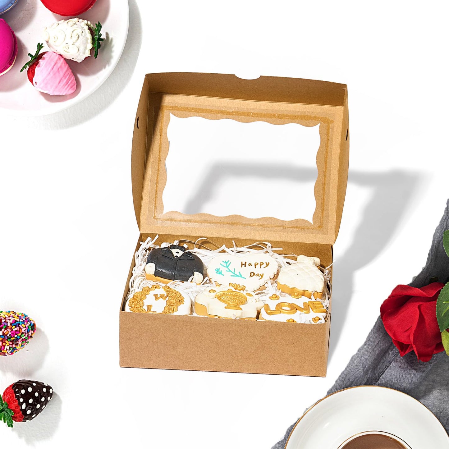 NEKSUNBAK 50 Pcs 8x6x2.5 Inch Brown Cookie Boxes with Window, Pastry Box for Chocolate Strawberries, Macarons, Truffles, Perfect for Thanksgiving Day, Mother's Day, Christmas Party Favors & Holiday