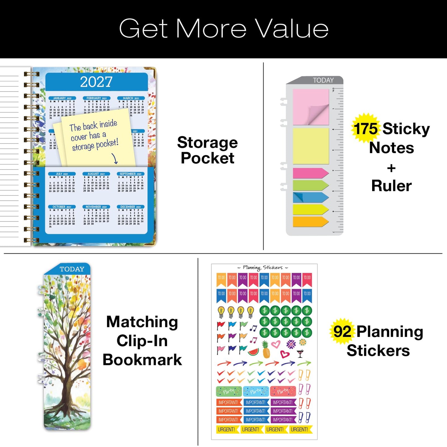 HARDCOVER Academic Year 2026-2027 Planner: 14 Months (May 2026 Through June 2027) 5.5"x 8" Daily Weekly Monthly Planner Yearly Agenda. Bookmark, Pocket Folder and Sticky Note Set (Tree Seasons)