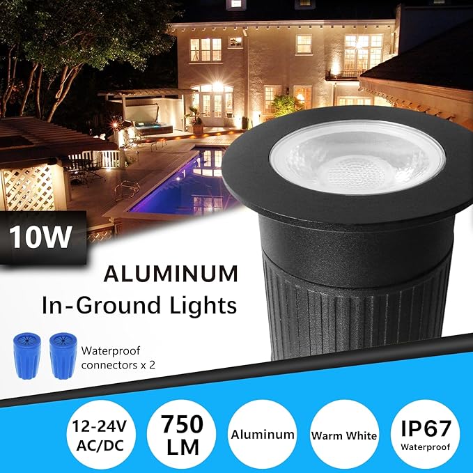 RNEHON 10W In-Ground Well Light,Voltage 12-24V, In-Ground Lighting, Low Voltage Landscape Pathway Lights, IP67 Waterproof, Aluminum, 3000K Outdoor Lighting for Yard,Lawn,Garden,Patio,Pack of 6