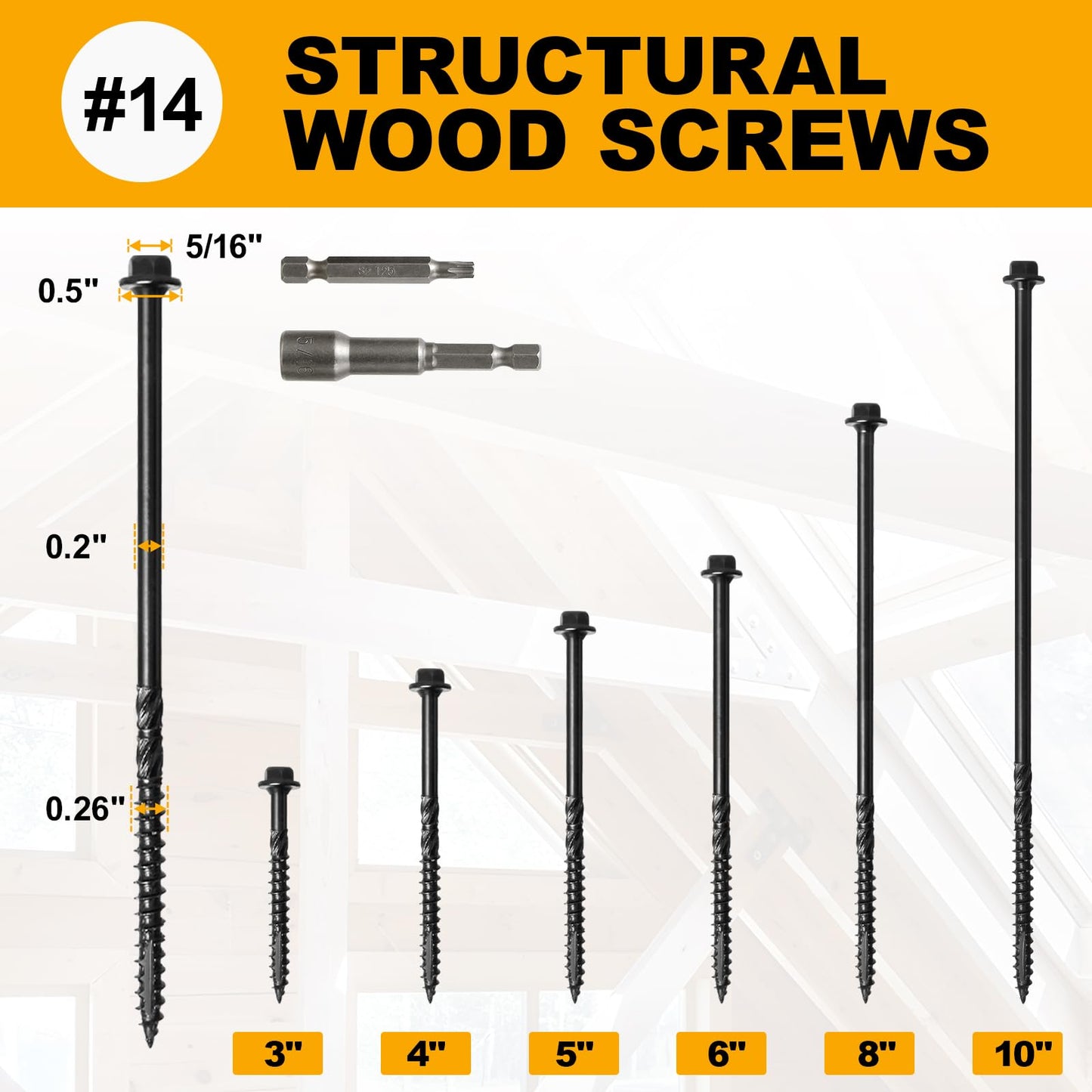 #14 x 3 Wood Structural Screws 300 Pack Hex Head Lag Screws, Rust Resistant Timber Screws for Timber/Log/Landscaping Wood (Black)