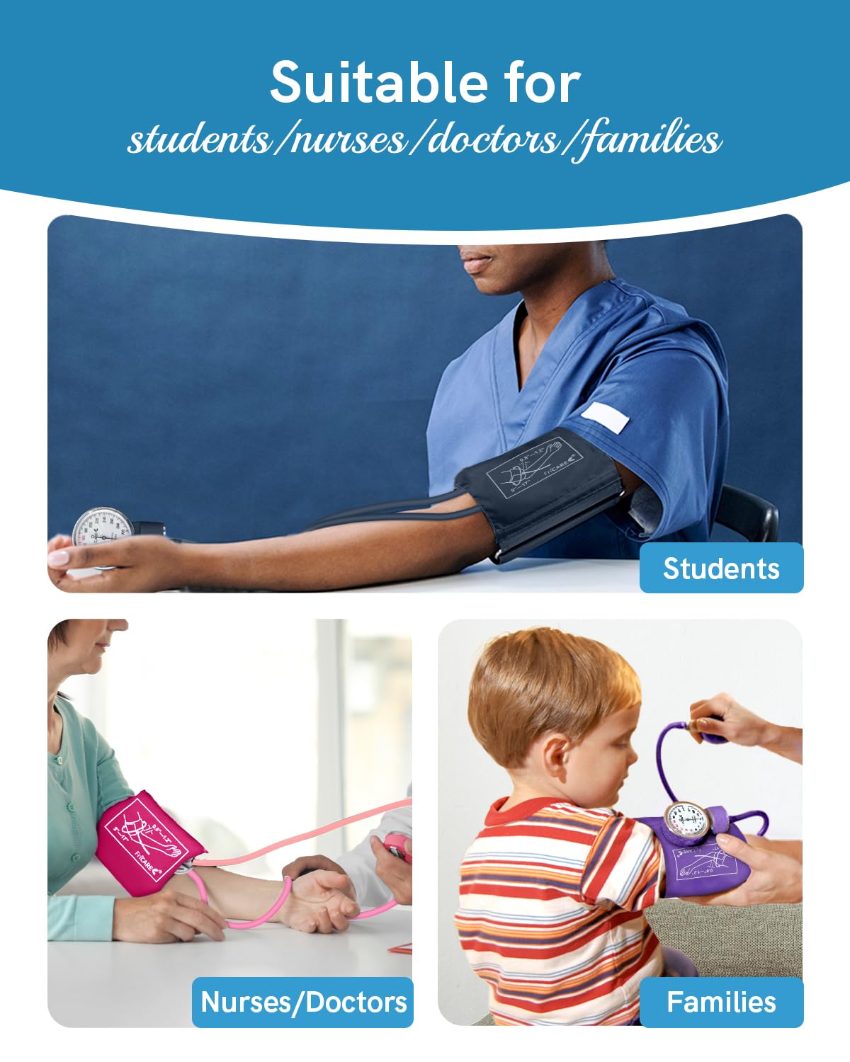 FriCARE Manual Blood Pressure Cuff for Nursing Students, Aneroid Sphygmomanometer for BP Monitoring, Home & Medical School Essentials with Carrying Case, Universal Adult Size, Blue