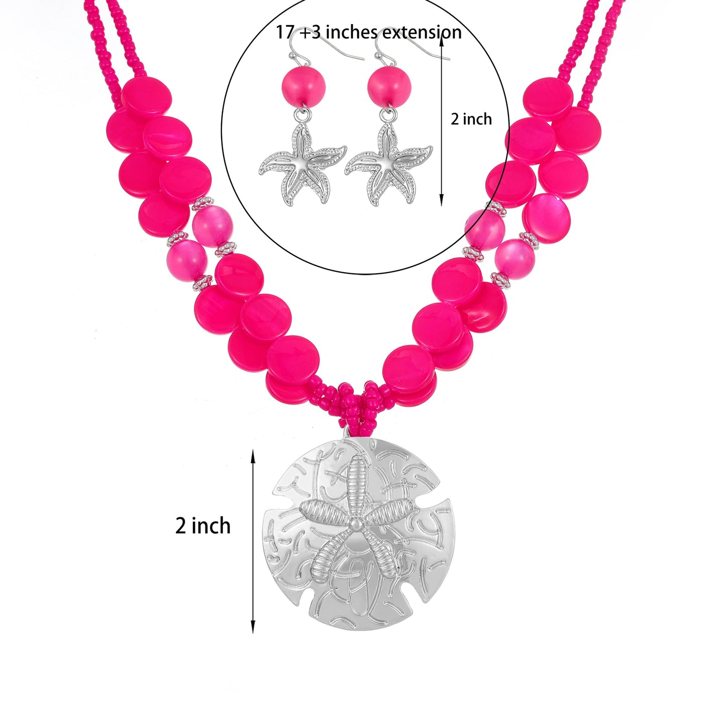 Perla Boho Starfish Necklace for Women, Chunky Layered Shell Beads Choker Necklace and Earrings Set, Ocean-Themed Summer Beach Jewelry (Fuchsia pink)