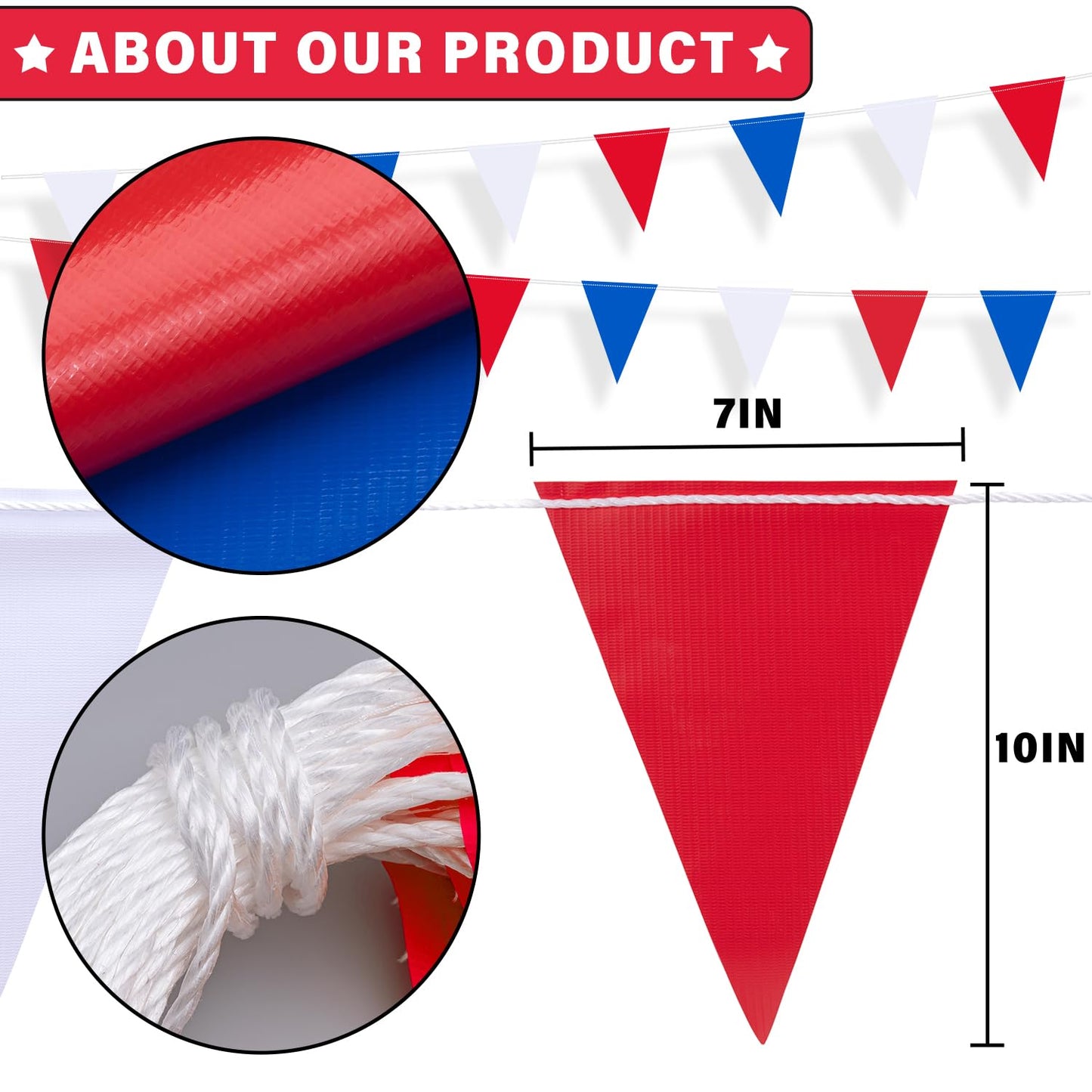 105ft Pennant Banner Flags, 7x10 Red Blue and White 45 Pcs High Visibility Safety Flagging on String, Triangle Pool Flag for Backstroke, Construction Events Party Decoration Parking Marking Outside