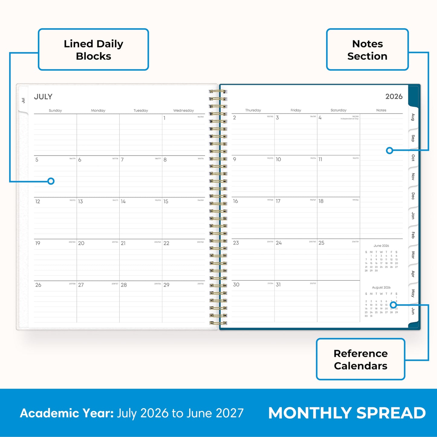 Blue Sky 2026-2027 Weekly and Monthly Academic Year Planner Calendar, July 2026 - June 2027, 8.5" x 11", Flexible Cover, Wirebound, Storage Pocket, Bakah Blue
