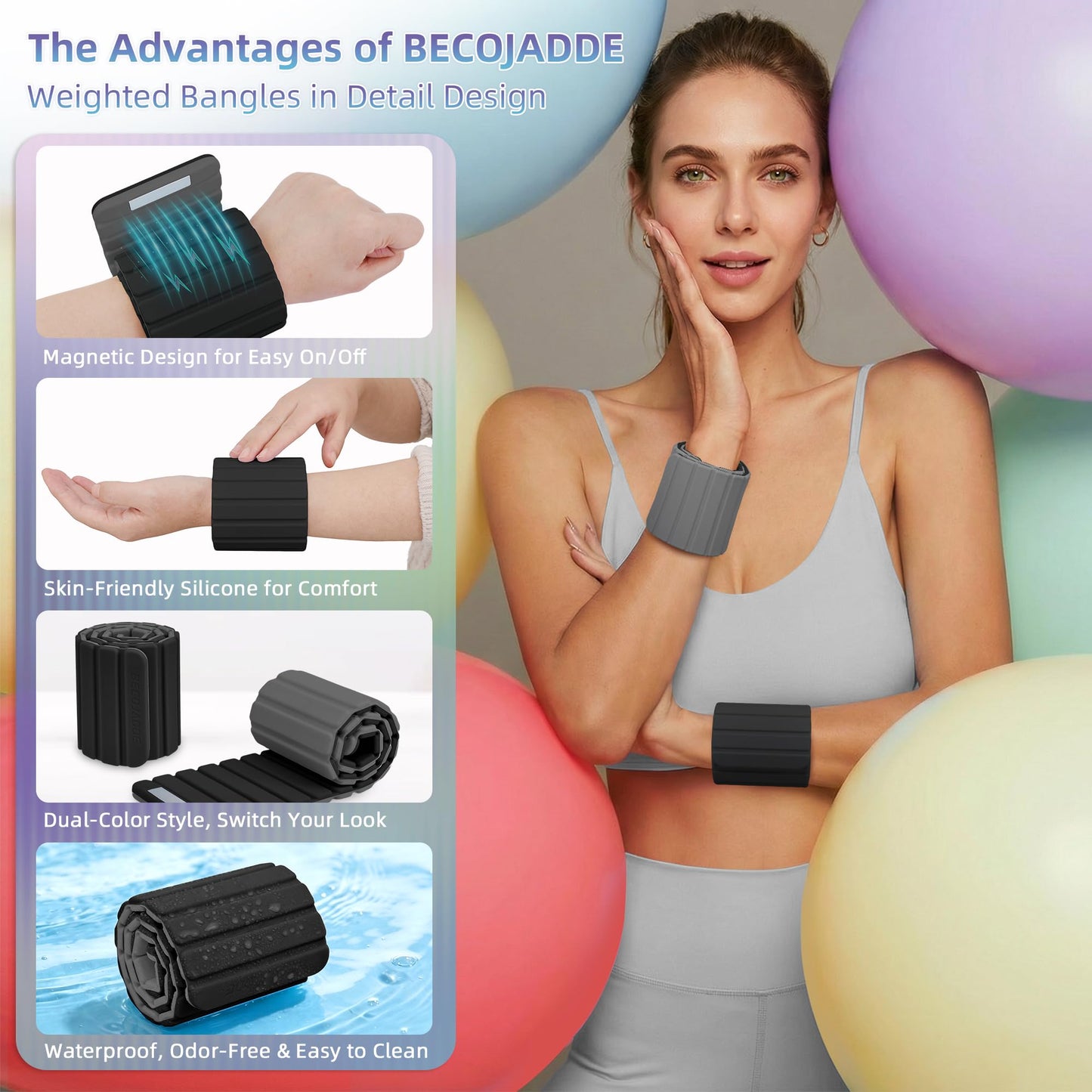 BECOJADDE Wrist Weights Ankle Weights for Women 1 Pair (2.2 lb Each) Silicone Magnetic Leg Arm Weighted Bracelet for Home Yoga Pilates Gym Workout Walking Jogging, Black Gray