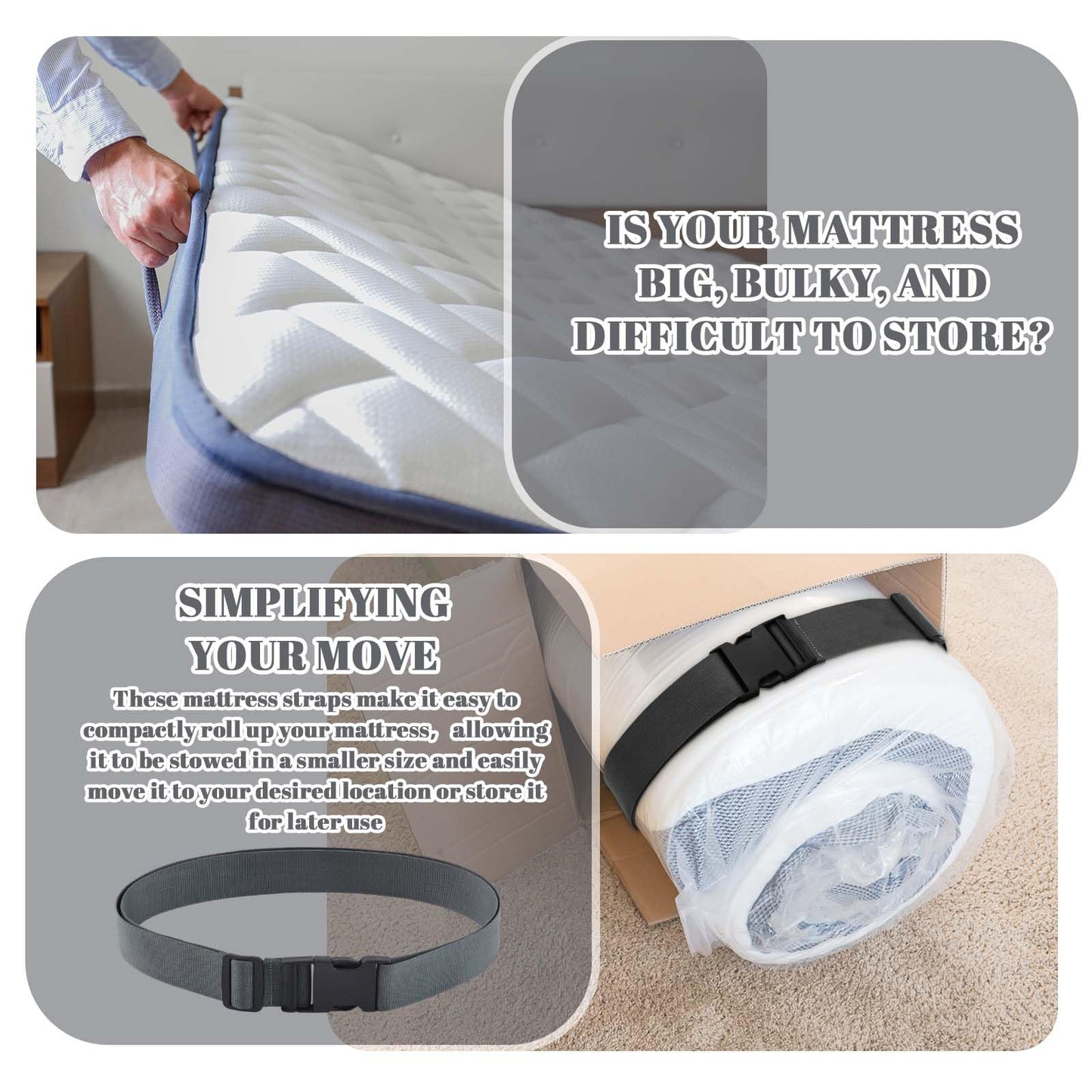 Wowangce 2 Pack Mattress Moving Straps, Adjustable Packing Straps with Buckles for Mattress Storage or Moving, Fits Twin & Full (60" x 2")