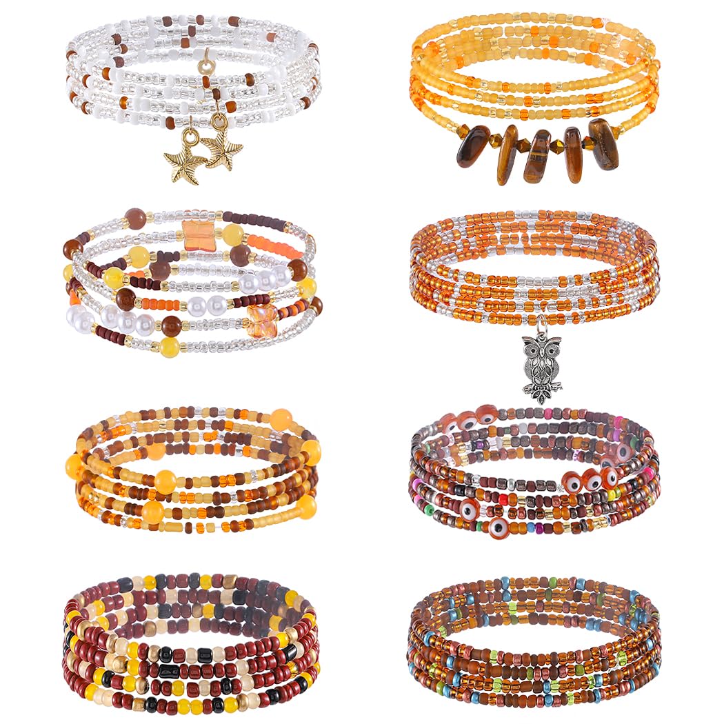 ELABEST 24-39inch African Waist Beads for Women 8Pcs Elastic Belly Beads Colorful Beaded Waist Jewelry Accessories Body Chain (Brown, 47.2inch/120cm)