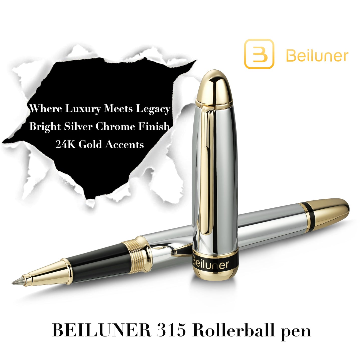 BEILUNER 315 Luxury Rollerball Pen, Stunning Silver Chrome with 24K Gold Finish, Luxury Grade Craftsmanship, Best Pen Gift Set for Men and Women, Graduation, Executive, Office, Fancy, Nice Pens