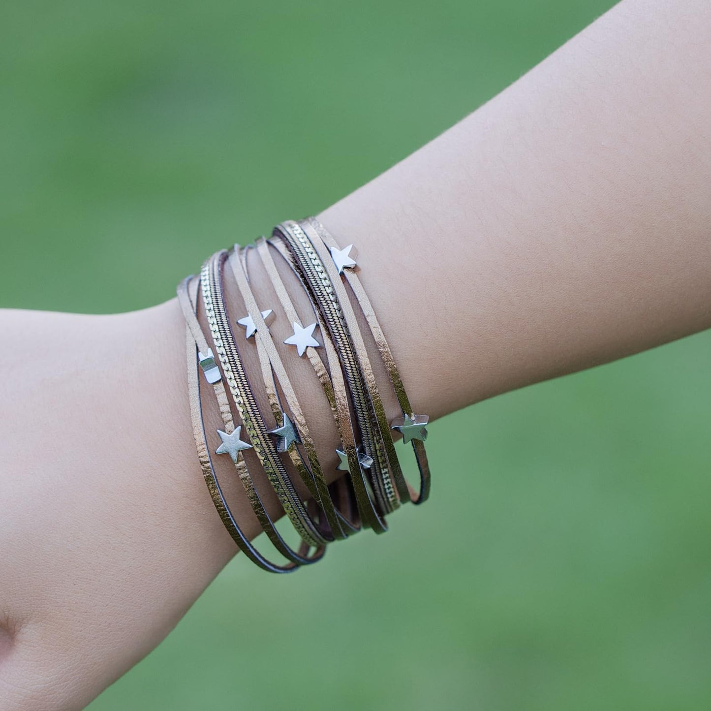 FANCY SHINY Leather Wrap Star Bracelet Boho Bangle Bracelets for Women Trendy Stackable Cute Star Bracelet with Magnetic Clasp(Bronze)