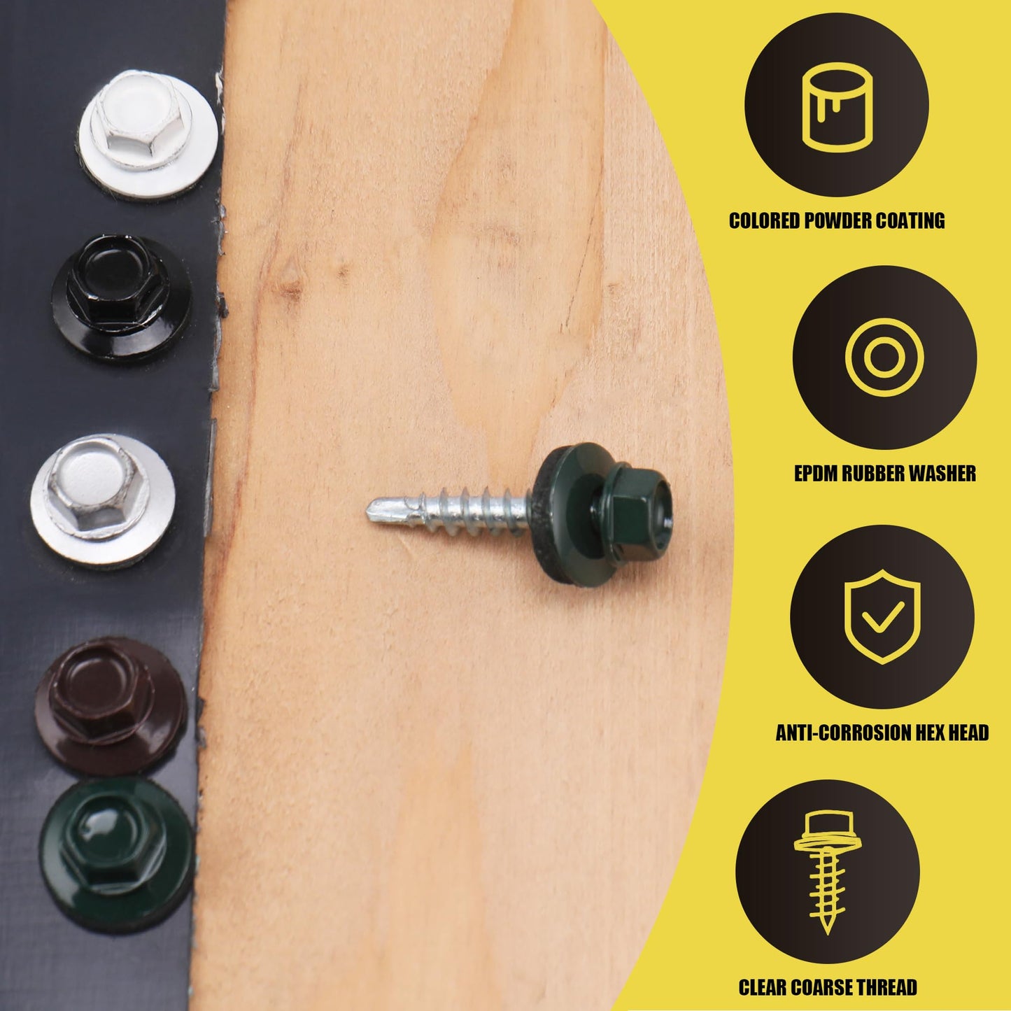 JEGONFRI 300pcs #10 x 1 Green Hex Head Self-Drilling Metal Roofing Screws, EPDM Washer, Colored Head, Wood Screws, Sheet Metal Roof Screw with Hex Driver Bit