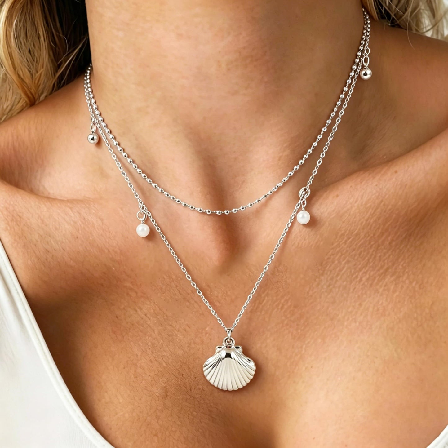 Starfish Shell Necklace for Women,14k Gold Plated Silver Layered SeaShell Pearl Pendant Charm Necklaces Dainty Non Tarnish Adjustable Waterproof Beaded Necklace Stack Jewelry for Summer Beach Vacation (Silver Shell Necklace)