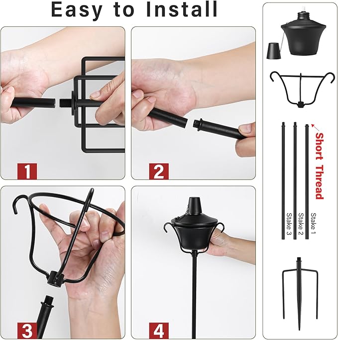 4 Pack Outdoor Garden Torch, 15 oz Outdoor Citronella Torches, 58 Inch 5-Prong Grounded Stake Torches, Metal Torches with Fiberglass Wick for Yard, Patio, Deck, Garden, Party, Landscape