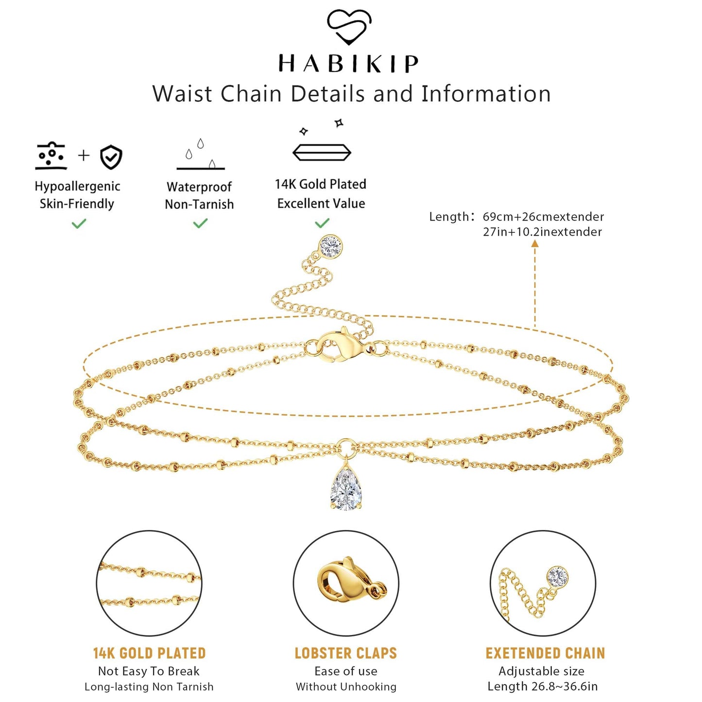 HABIKIP 14K Gold Plated Waist Chain for Women, Gold Plated Belly Drop CZ Pendant Chain Belt Sexy Bikini Beach Satellite Waist Beads Chain Adjustable Body Chain Waterproof Jewelry Accessories for Women