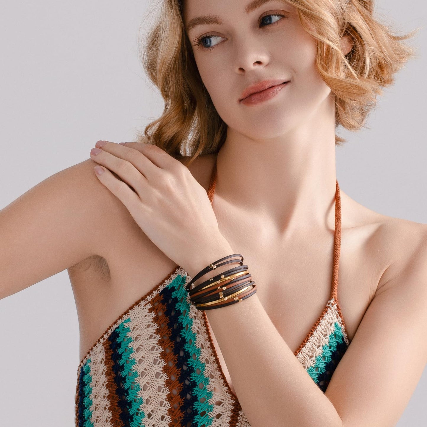 FANCY SHINY Beaded Leather Wrap Bracelets Cute Boho Stackable Bangle Cuff with Magnetic Clasp Layered Trendy Jewelry for Women(Brown)