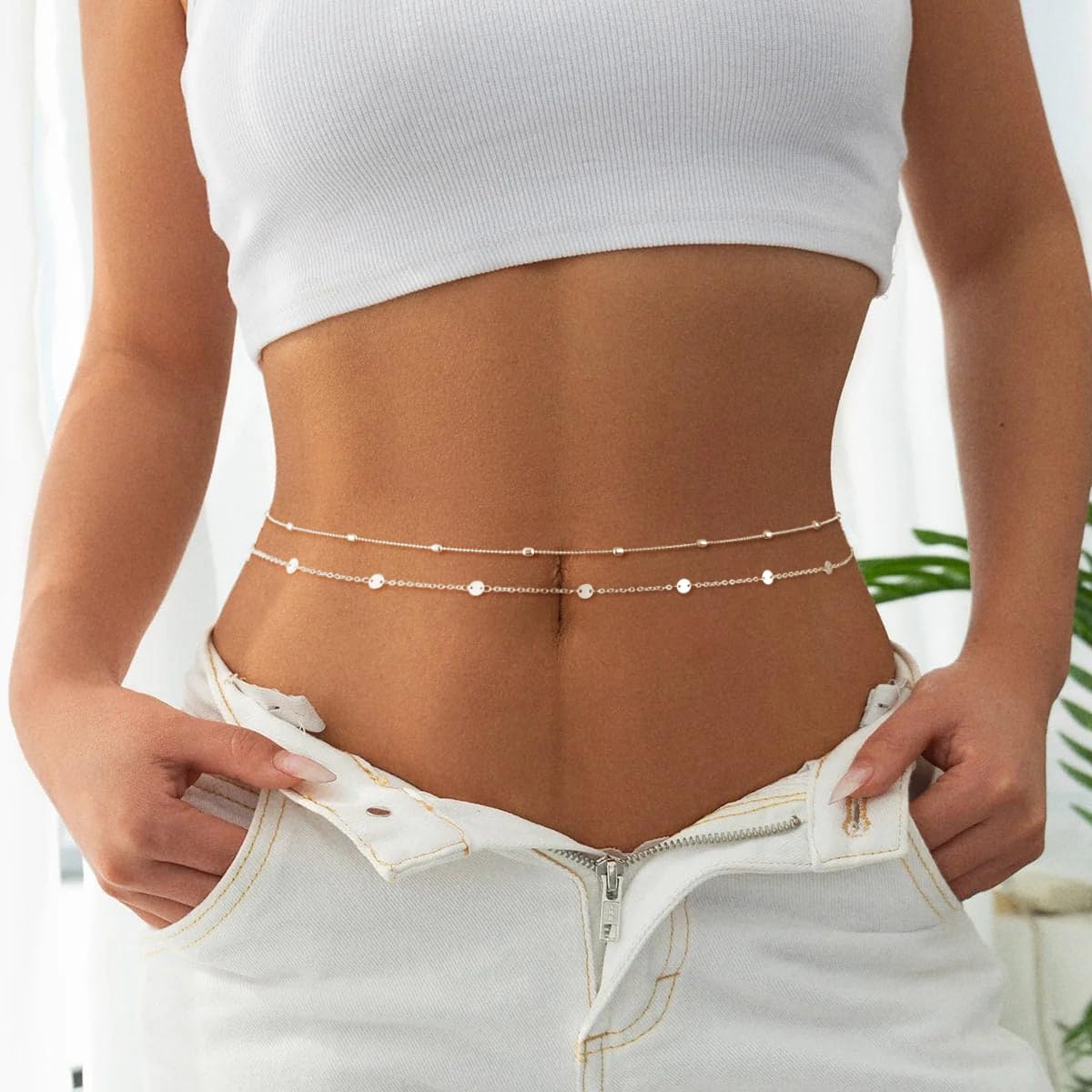 Sargetou 14K Sterling Silver Plated Waist Chain for Women Waterproof,Beaded Sequin Body Jewelry Chains Sexy Bikini 2PCS Belly Belt Beach Gift Adjustable 26.5-33Inch