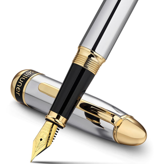 BEILUNER 315 Silver Chrome Fountain Pen,Stunning Luxury Pens with 24K Gold Accents, Gorgeous 24K Gilded Nib(Fine), Ink Converter,Fancy Pen Gift for Men&Women-Elegant, Office, Writing, Nice Design