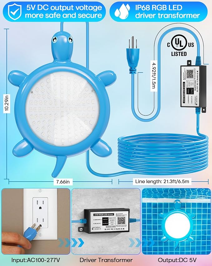 PRIORARE 22W Underwater Pool Lights, 5V Submersible Pool Light for Above Ground Inground Swimming Pools with APP Control Magnetic Led Pool Lights RGB Dimmable Timer IP68 Waterproof Music Sync