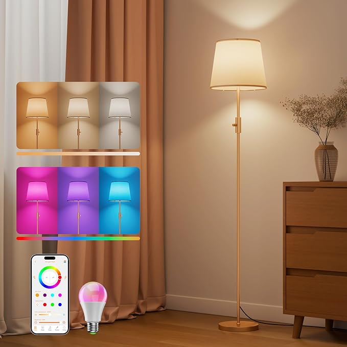 Smart Floor Lamp with RGBCW Color Change Bulb, Compatible with Alexa, Siri, Google Voice & App Control, Standing Lamp with Linen Shade, Tall Lamp for Living Room, Bedroom, Office,Gold