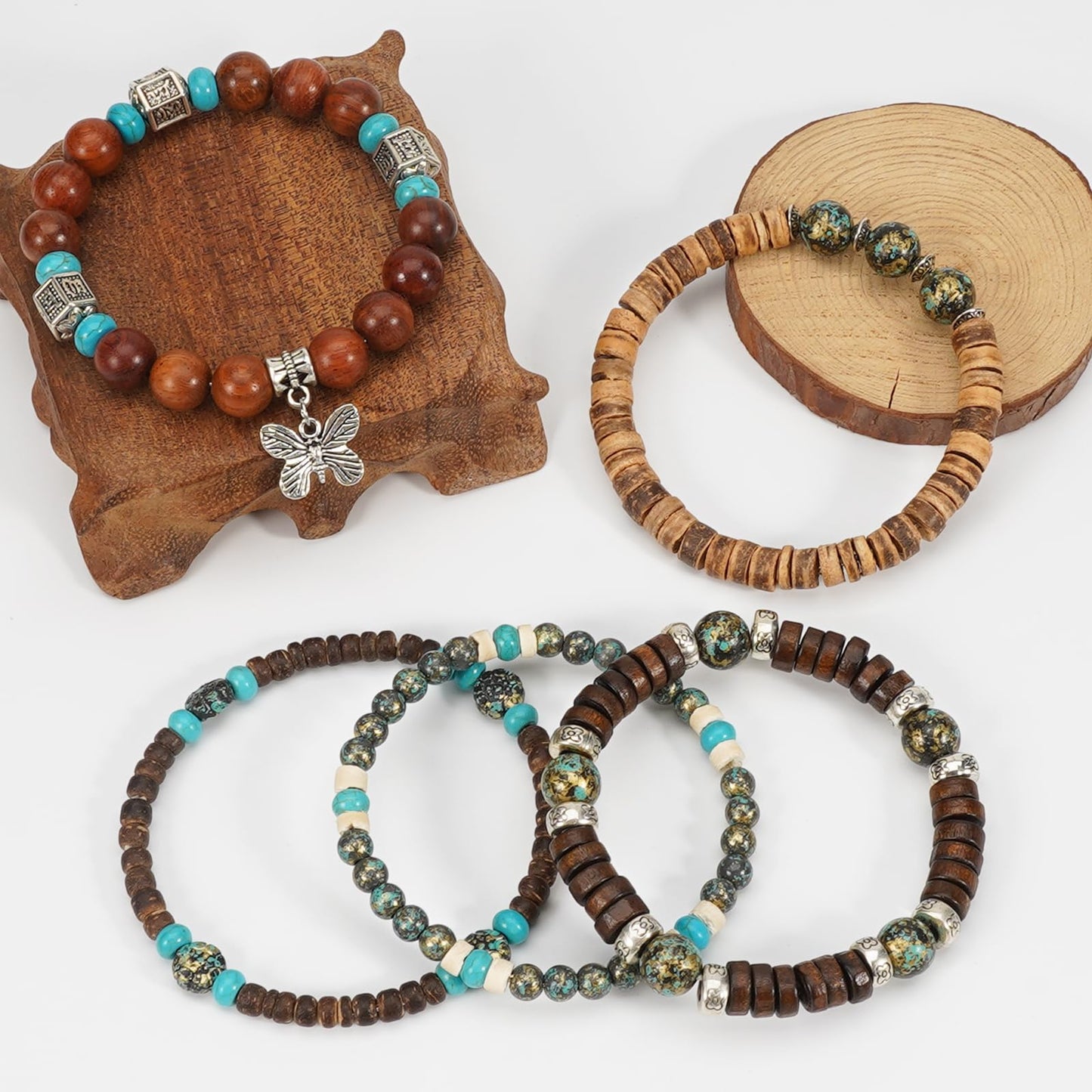 Briutn Boho Wooden Beads Bracelets Punk Gothic Bracelet for Men Women Adjustable Vintage Wood Beaded Bracelet Set