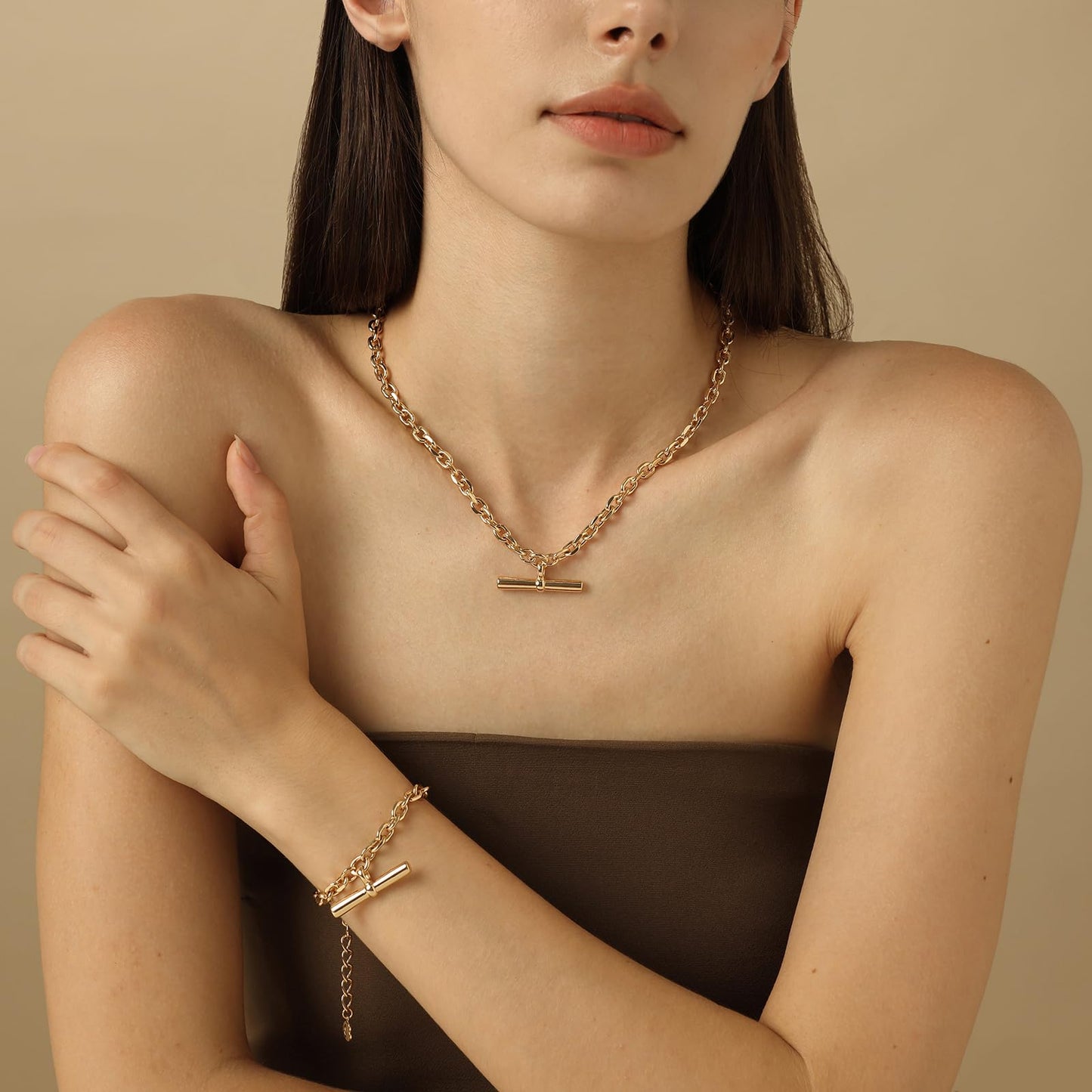 COBI T Bar Necklace for Women, Circle Pendant Necklaces Rhodium Plated &18K Gold Finished Four Leaf Clover | Link Chain Necklace with T-Bar Charm, Adjustable 17"+2" Jewelry Gift