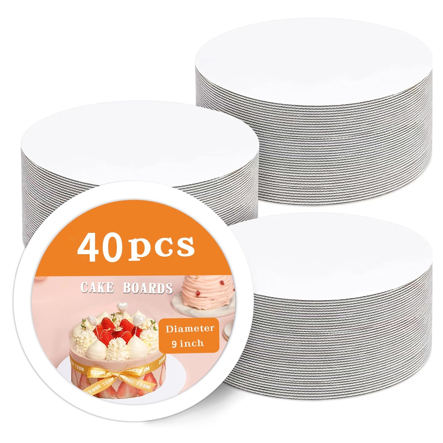 PFAMKEER 40 Pcs Cake Boards,White Cake Boards 9 Inch Round,Food Grade Cardboard Cake Rounds,Disposable Cake Plates,9 Inch Cake Board,Waterproof and Oil proof Cake Base Cake Tray Cake Pizza Circles
