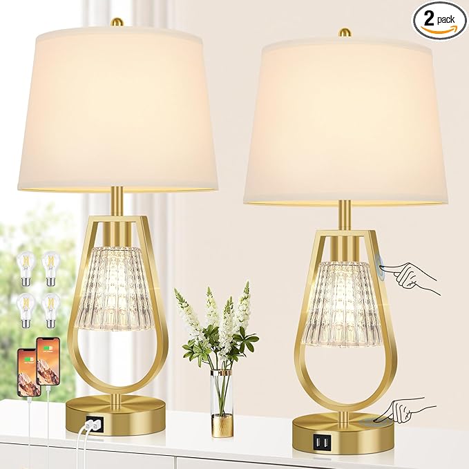 VerRon Set of 2 Touch Control Table Lamps, Dimmable Nightstand Lamps with 2 USB Ports, Bedside Lamps with Night Light, Gold Lamps with White Shade for Living Room Bedroom, 4 Bulbs Included