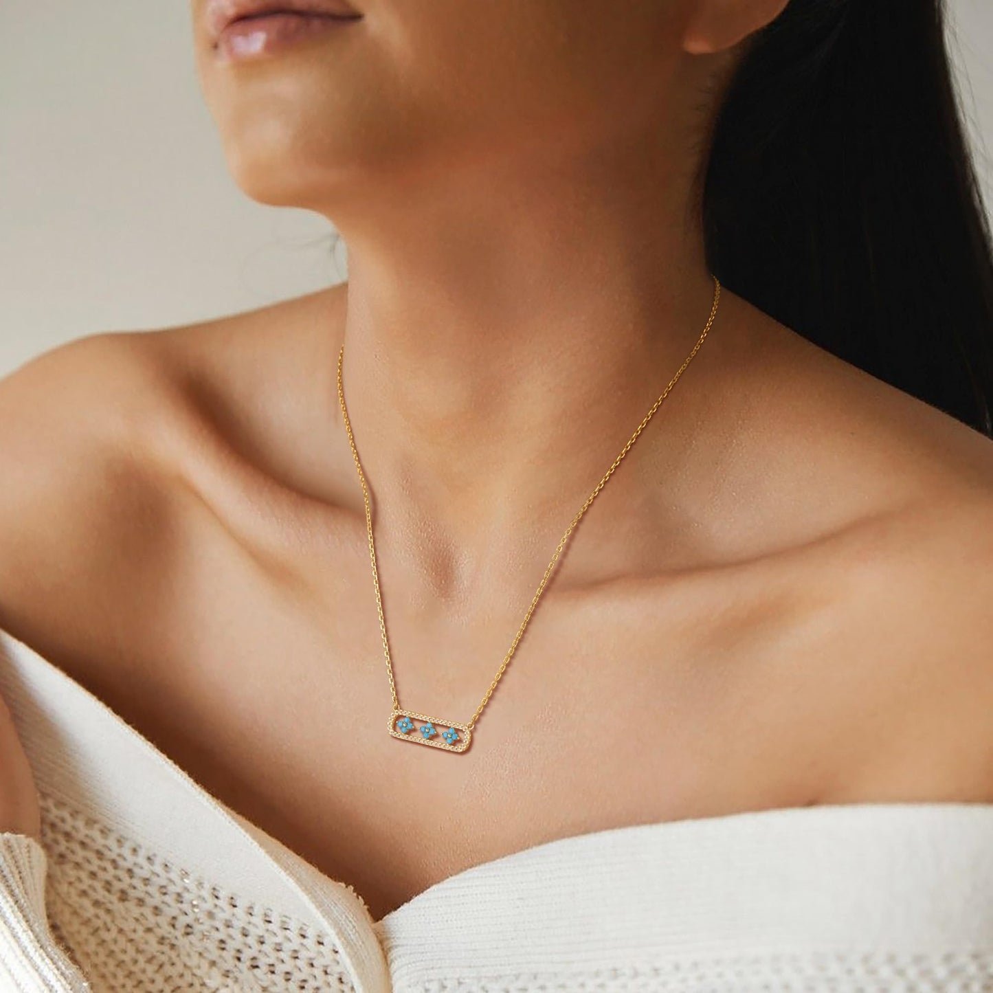 LOLAR RAY Triple Clover Bar Necklace 14K Gold Plated Turquoise & Diamond Accents Framed Pendant Adjustable Chain Chic Gift for Women