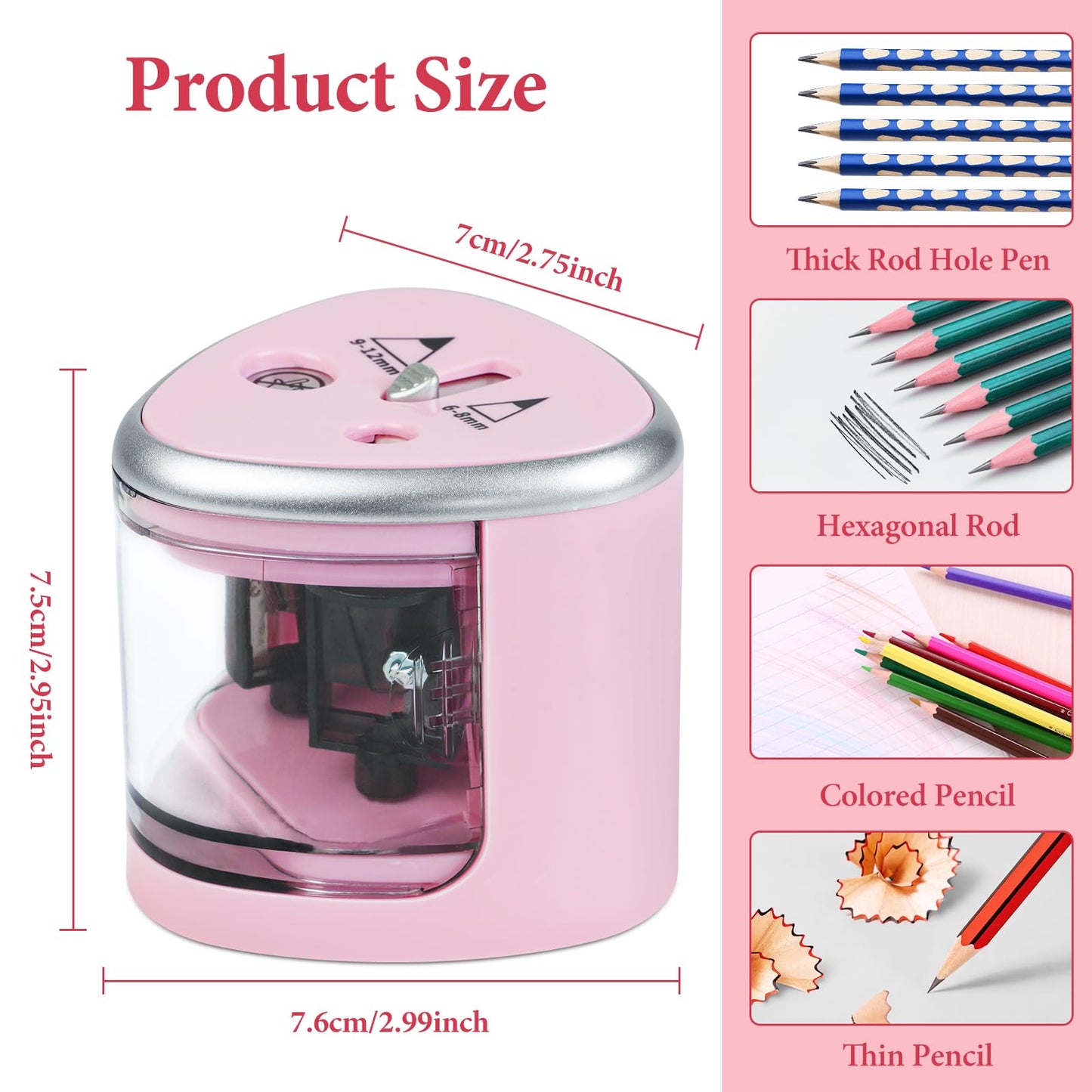 AUAUY Electric Pencil Sharpener with Double Hole, Battery Operated Automatic Sharpener with 2 Extra Knife Holders, for 6-8mm/9-12mm Standard Pencils, Colored Pencils, and Skectch Pencils（Pink）