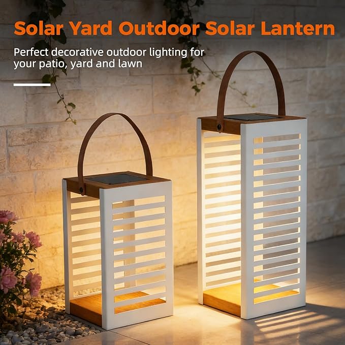 Solar Yard 2-Pack Outdoor Floor Lamp Solar Powered Light, Patio Waterproof Metal Solar Lantern with Handle, Plant Decor for Patio, Yard, Porch, Large+Small White