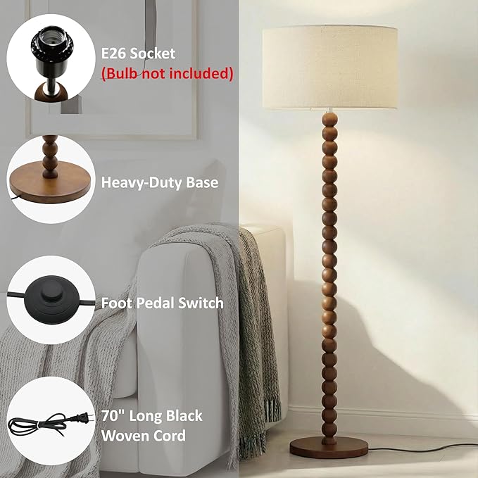 Buruis 61" Beaded Wood Floor Lamp with 17.2" Large Linen Shade, UL Listed, Retro Mid-Century Accent Walnut Finish Standing Lamp for Living Room, Bedroom, Office, Corner, Beige