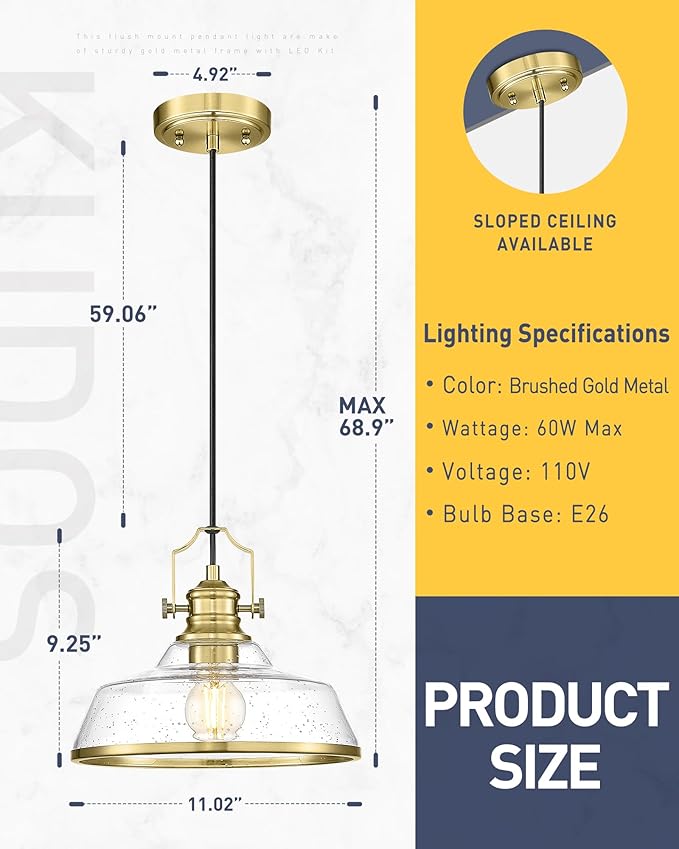 kudos Gold Pendant Lights Kitchen Island, Farmhouse Gold Seeded Glass Pendant Light, Kitchen Island Lights Ceiling Hanging,KDPL13-GD-S